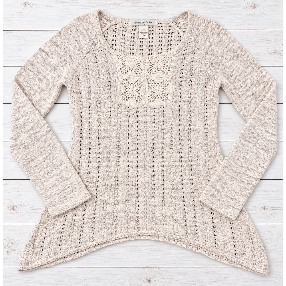 American Rag Sweater Crochet Inset Sharkbite Hem Boho Cottagecore Peasant  XXL